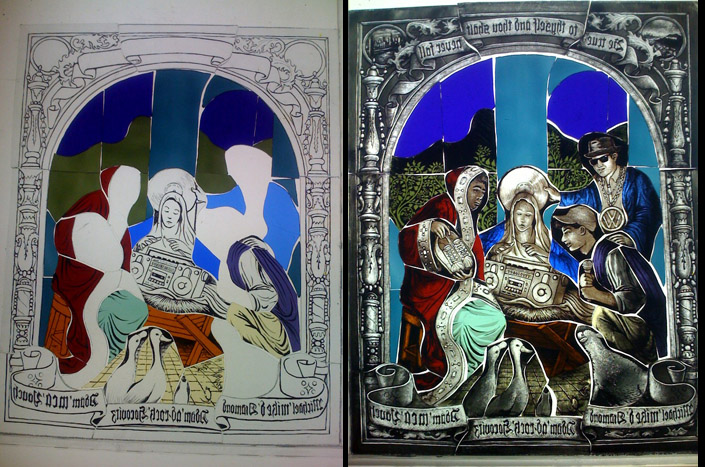 photo2 Various stages of pigment application Note: pigment is applied to the back of the glass hence the image is reversed